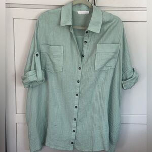 Ces Femme Mint Gauze Button Down Shirt Lightweight Beachy Boho Top | Size L/XL